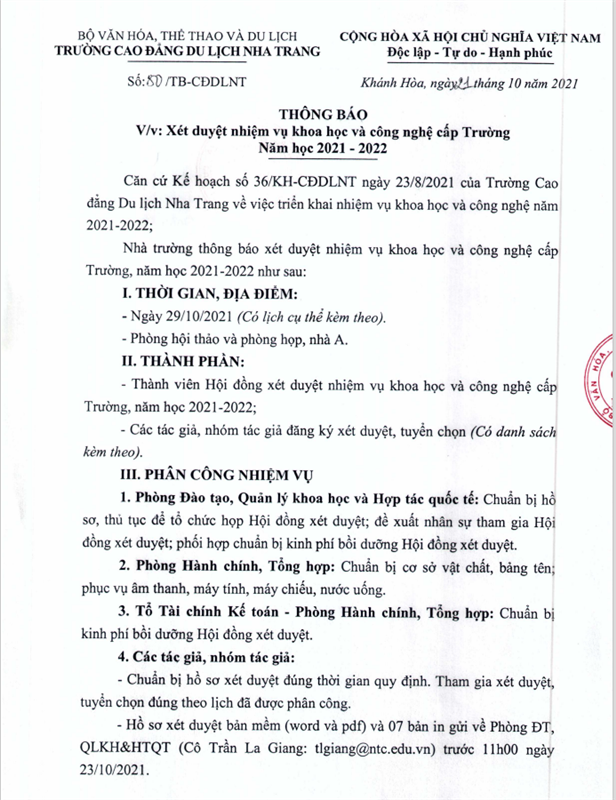 80-ĐT- Thông báo xét duyệt nhiệm vụ khoa học và công nghệ cấp Trường năm học 2021-2022